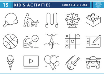A set of line icons related to Kid's Activities. Games, cycling, swing, building blocks, park, balloon, and so on. Vector editable stroke.