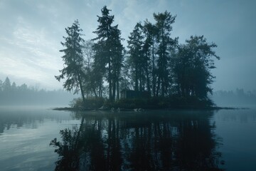 Fototapeta premium Misty island in a serene lake