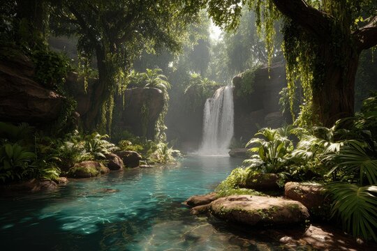 Lush jungle valley with waterfall cascading into a tranquil pool