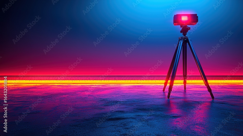 Poster tripod supports bright lighting device illuminating textured floor. neon colors blend in background 