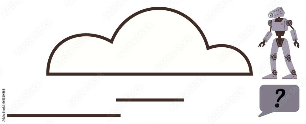 Poster robot standing near a cloud outline, speech bubble with question mark evokes curiosity and innovatio