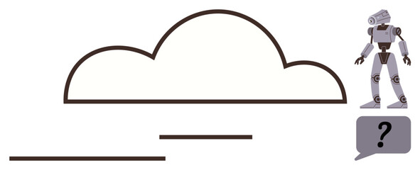 Robot standing near a cloud outline, speech bubble with question mark evokes curiosity and innovation. Ideal for AI, cloud computing, future technology, questions, problem-solving, brainstorming