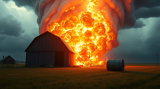 View of a large tornado destroying a barn. AI generated illustration