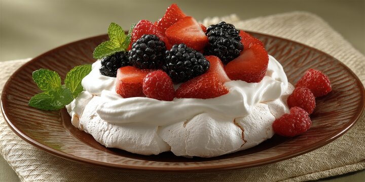 Elegant Pavlova Dessert with Fresh Berries and Whipped Cream on Rustic Kitchen Table Setting