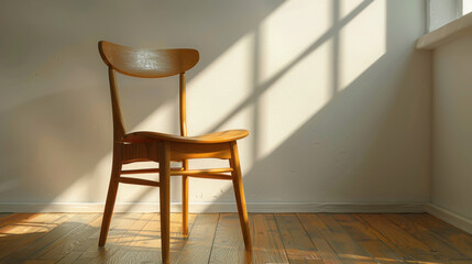 Empty wooden chair bathed in warm sunlight and geometric shadows from a window
