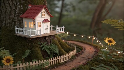 Obraz premium Enchanting miniature fairy house nestled in a mossy tree with twinkling lights