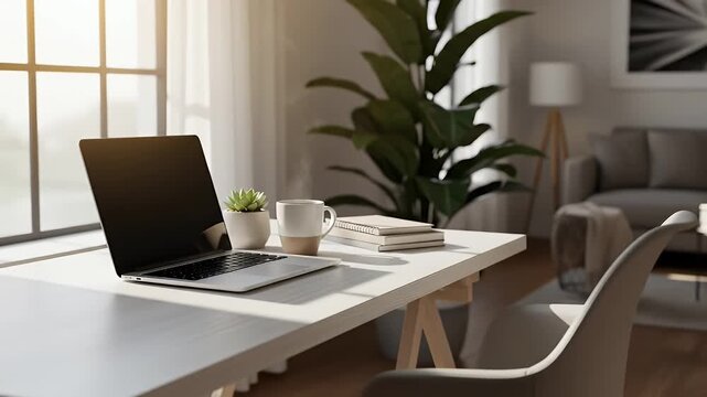 Peaceful home office workspace with laptop and steaming coffee mug in morning sunlight slow pan out reveals cozy remote work setup