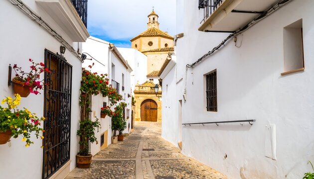 Fototapeta Narrow, cobblestone street lined with whitewashed buildings, vibrant flowers in pots, and a church at the end