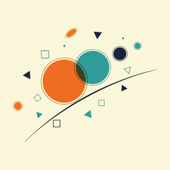 A dynamic abstract composition of colorful geometric shapes including circles, squares, and triangles floating along a curved path.