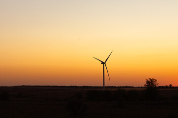 Obraz premium Wind turbine. Silhouette of windmill at sunset. Wind generators on summer evening. Eco power plant. Wind turbines to generate energy. Regenerative energy.