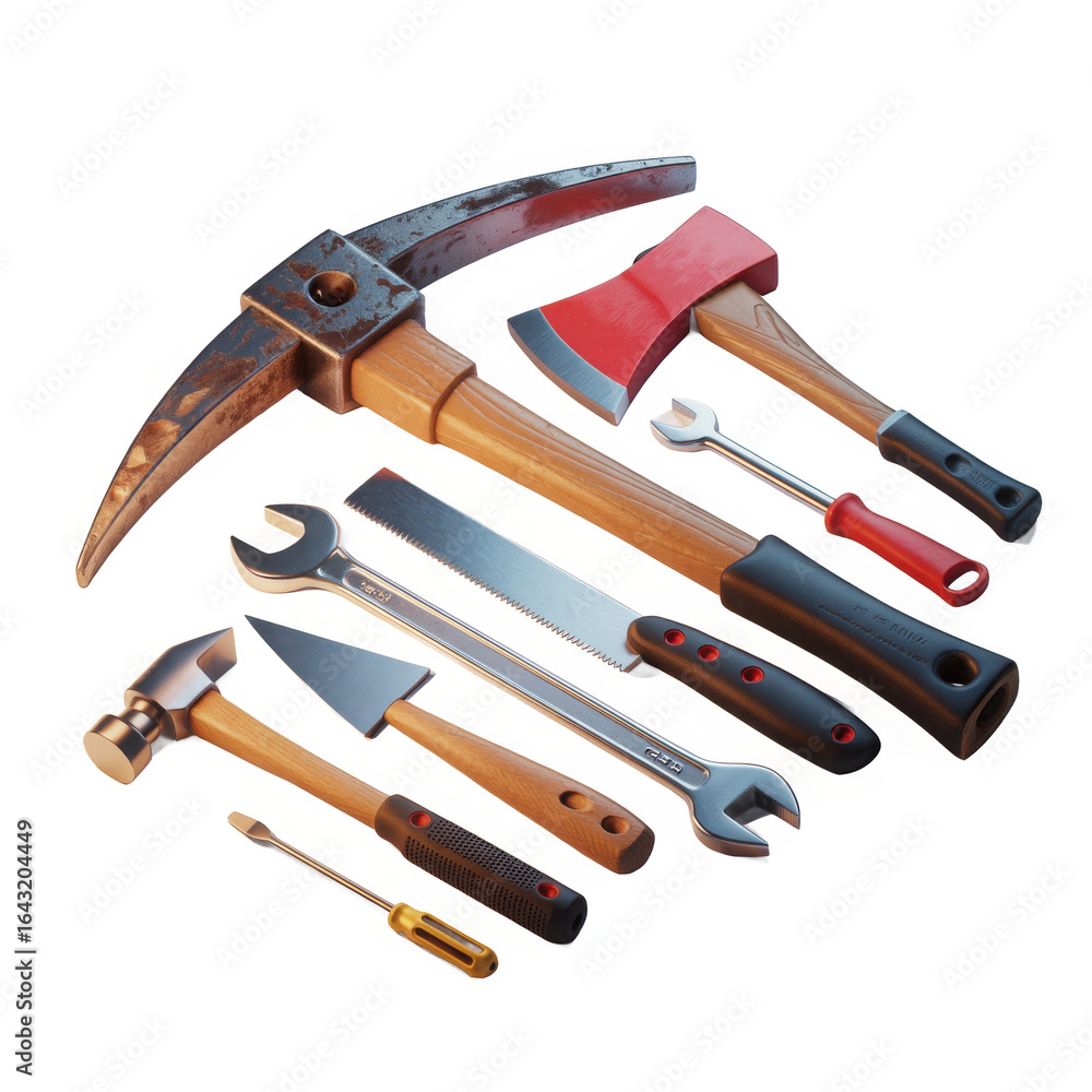 Poster collection of various hand tools including a pickaxe axe hammer wrenches and a screwdriver isolated 