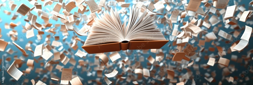 Poster creative digital library concept with endless pages circulating amidst a paperfall environment
