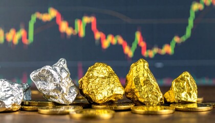 Gold and silver nuggets in front of a stock market graph