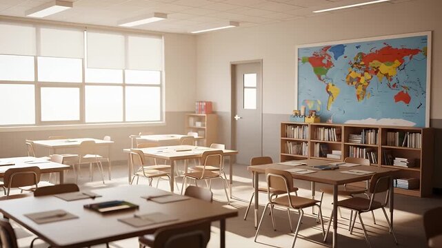 Empty Classroom Interior with Desks and World Map A Quiet and Sunlit Educational Setting for Learning and Study