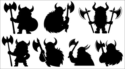 Set of seven viking warriors black silhouettes illustration, with holding axes and shield isolated on white background. Vector illustration.