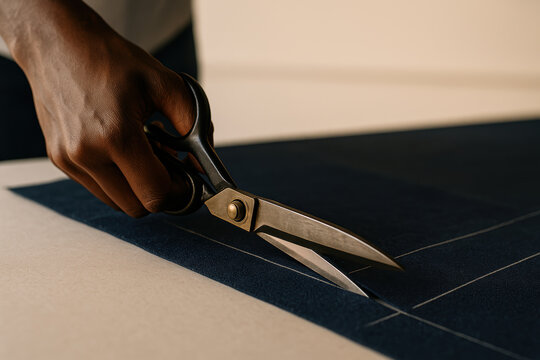 Close up of hand cutting dark fabric along chalk lines with large scissors during garment making in a fashion design studio - Powered by Adobe