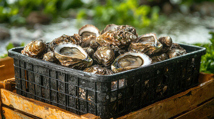 black basket filled freshly harvested oysters sits coastal farm. bright water and greenery create vibrant backdrop showcasing bounty of sea.