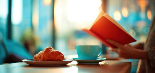 The cozy moment of enjoying coffee and a book with a delicious croissant.