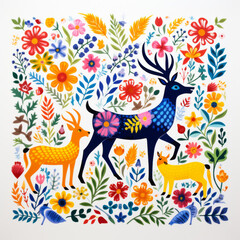 Obraz premium Ornate hand-drawn illustration of wildlife with deer and leaves, background
