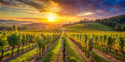 Fototapeta premium Rows of vibrant green grapevines stretch towards the horizon as the sun sets, casting a warm glow over the picturesque vineyard and rolling hills