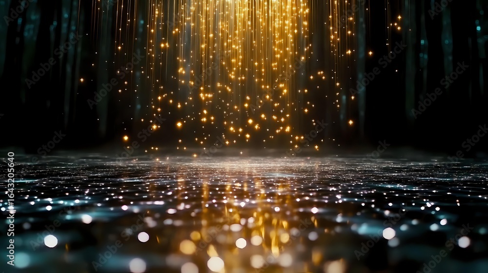 Poster magical forest scene with glowing golden light rays falling through dark trees onto reflective water