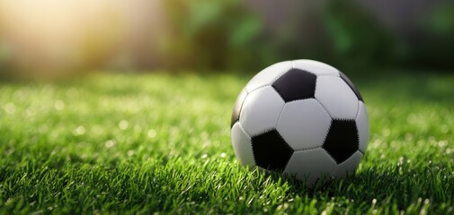 Obraz premium The soccer ball resting on lush green grass under the warm sunlight.