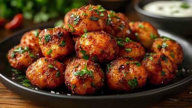 Spicy glazed meatballs garnished with fresh herbs on black plate, served with creamy dipping sauce, close up view on rustic wooden table background.