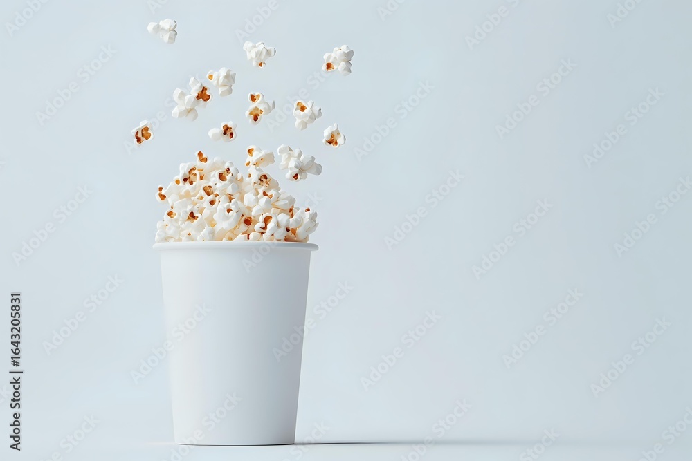 Poster popcorn kernels bursting out of plain white paper cup against light background, creating dynamic mot