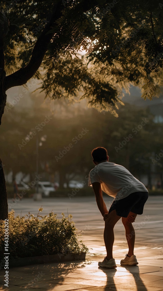 Poster man enjoying sunset view while taking a break in a park during golden hour