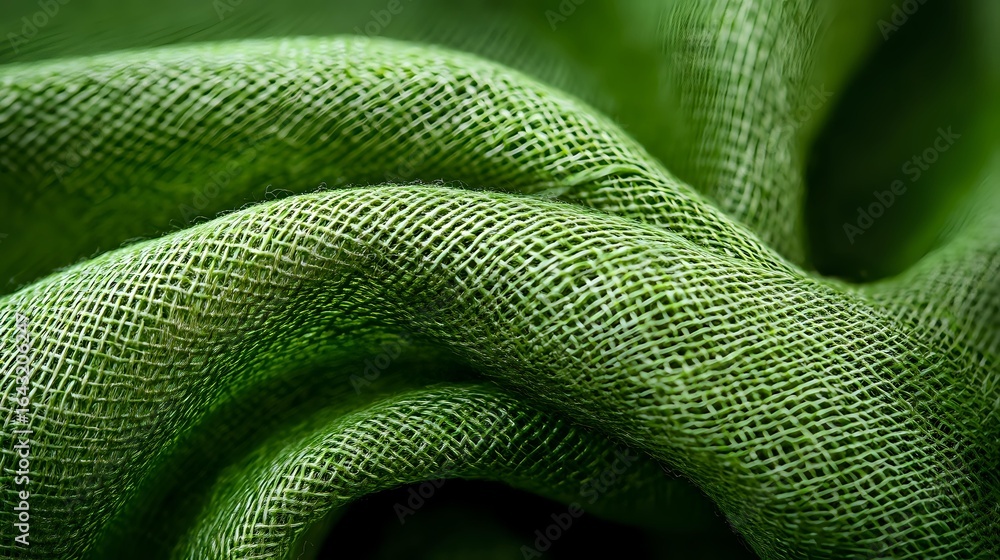 Aufkleber textured green fabric with soft folds and waves creating abstract curves and shadows, macro photogra