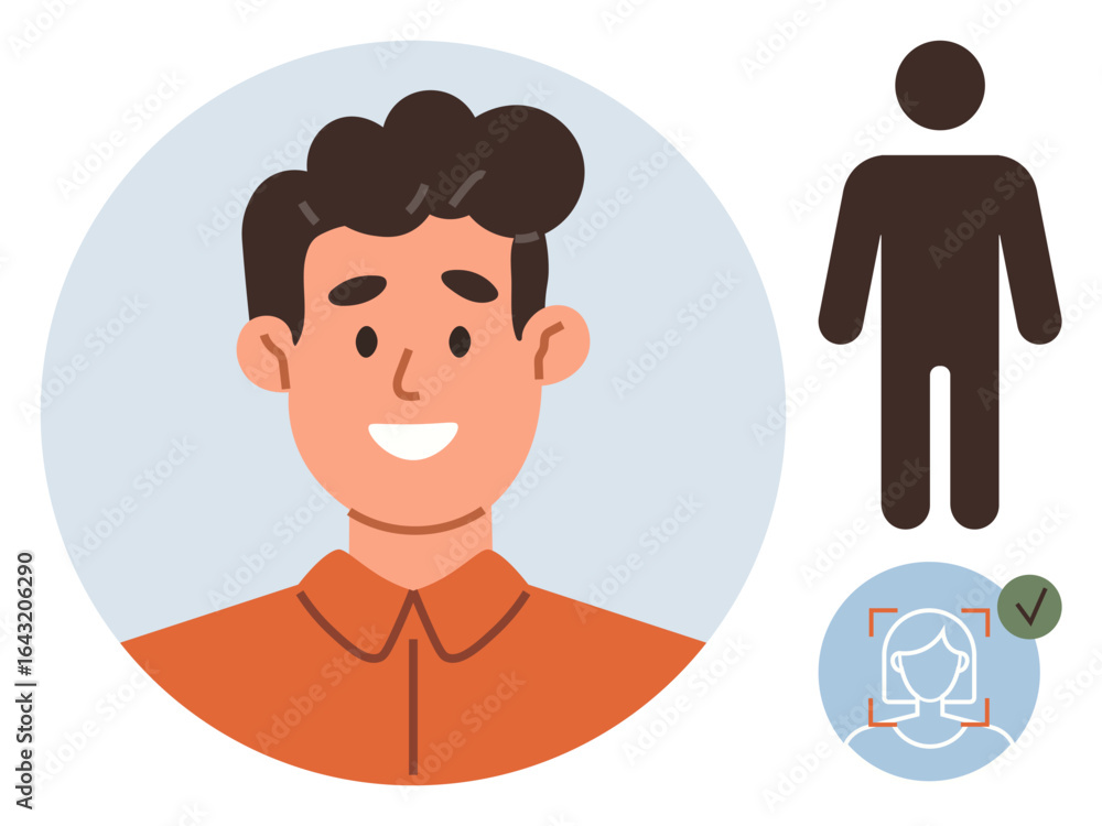Poster smiling man in profile picture with user verification icon and silhouette figure outline. ideal for 
