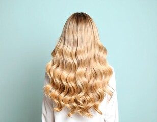Fototapeta premium Long, wavy blonde hair cascading down a woman's back against a pale teal backdrop