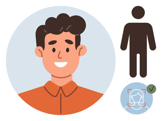 Smiling man in profile picture with user verification icon and silhouette figure outline. Ideal for identity, profile creation, access, authentication, personal data, security, and approval concepts