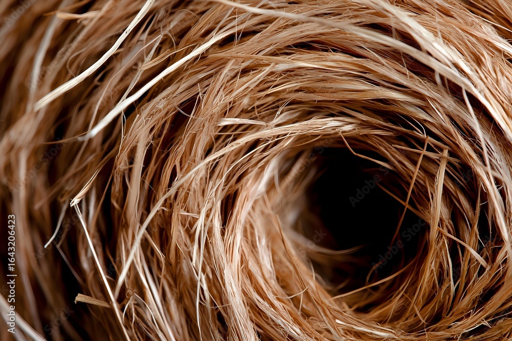 Poster close-up macro shot of natural brown fibers or hair strands forming spiral pattern against dark back