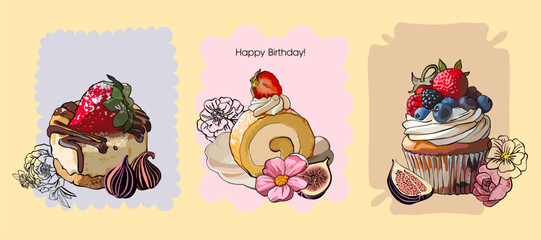 Happy Birthday to You - a modern art form. Poster (card) featuring dessert and flowers in a cute, lighthearted sketch style. Digital illustration with black outline and fill. Fully editable.