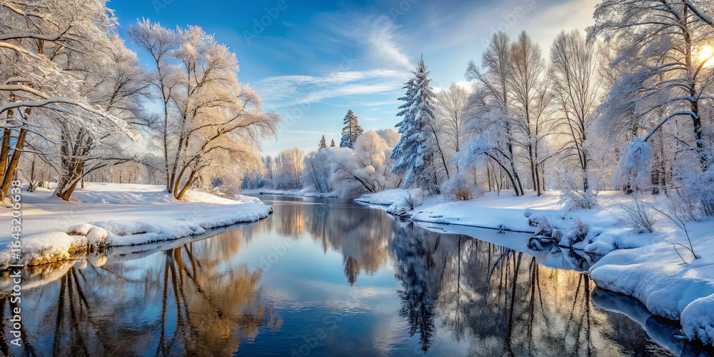Poster snow blankets trees along a tranquil river, with reflections creating a mirror-like effect. the wint