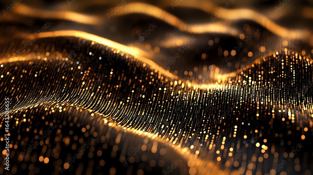 Poster glowing golden particles form abstract waves against dark background, creating dynamic flowing motio