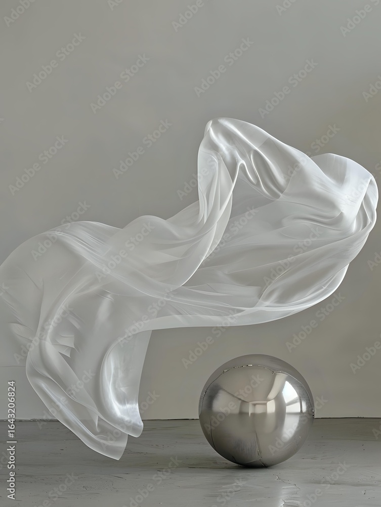 Poster flowing white silk fabric floating above metallic sphere on gray background creates dynamic contrast
