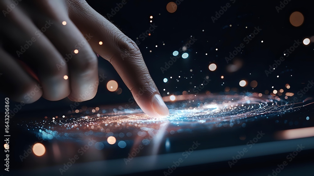 Poster Finger touching digital screen with glowing light effect and bokeh particles, creating futuristic technology interaction on dark background.