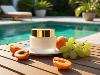 Luxury skincare product with fresh fruit by the pool