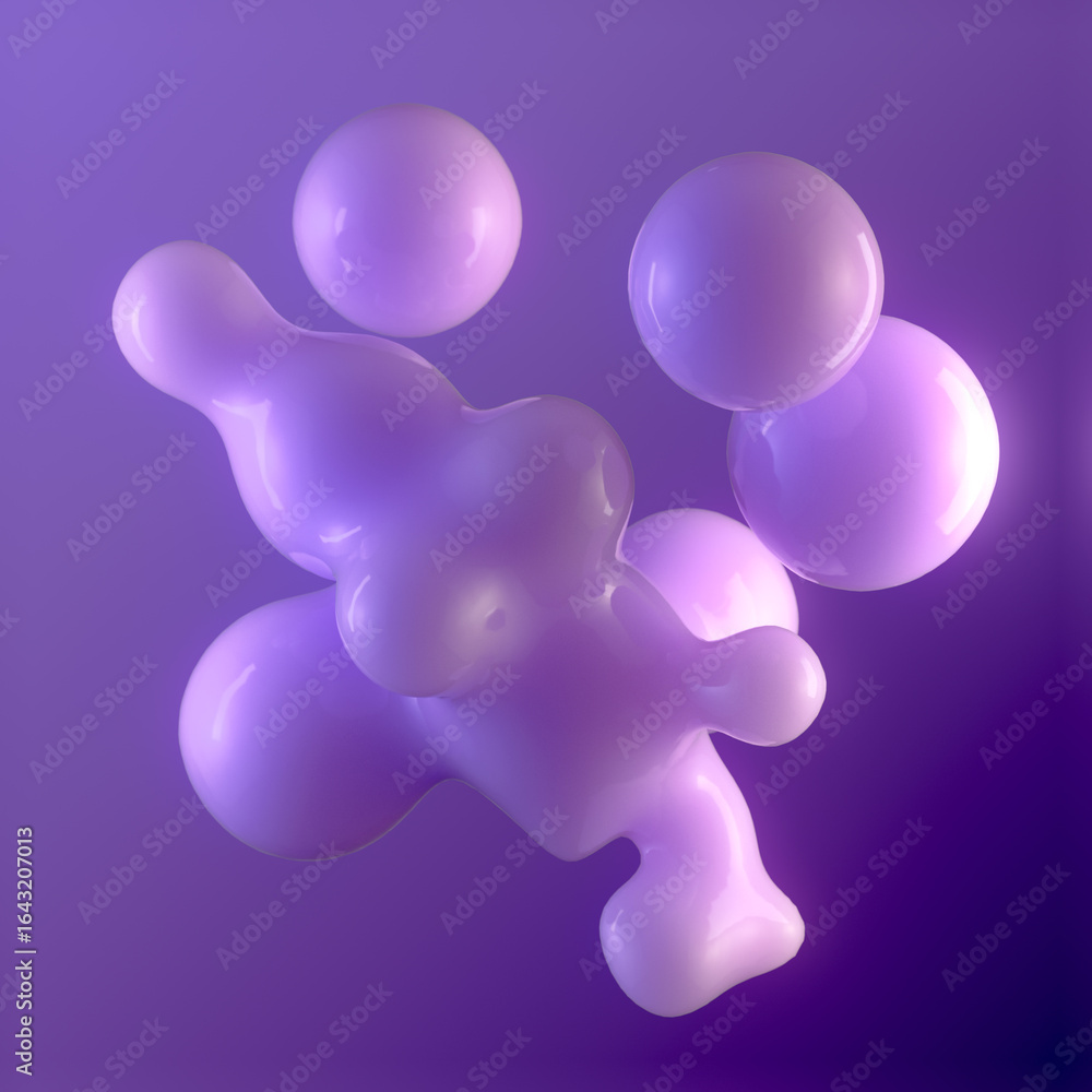 Poster composition of drops floating in weightlessness. background with a gradient from light purple to dee