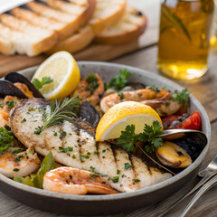Hero food close-up &mdash; seafood platter on rustic table
