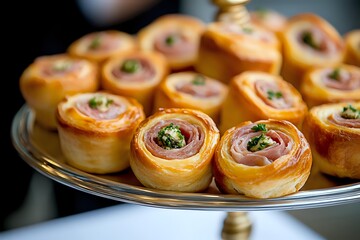 Gourmet puff pastry pinwheels filled with prosciutto and herbs served on elegant silver platter, close-up view of appetizers at catering event.