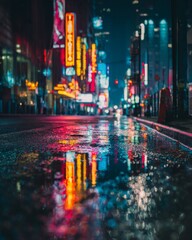 Obraz premium Night city street after rain with neon storefront reflections on wet asphalt