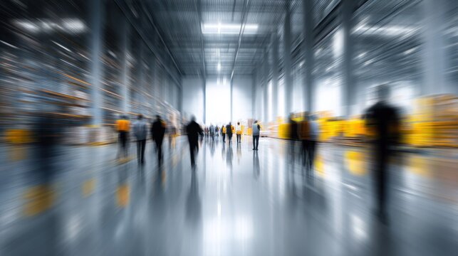 Busy warehouse interior with moving people
