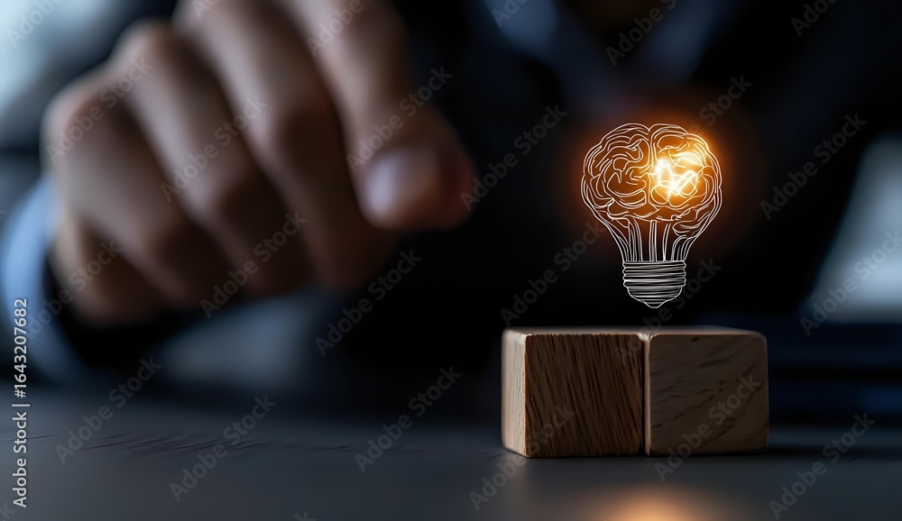 Poster glowing brain lightbulb hologram floating over wooden cube with hand in background, representing inn