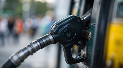 Fototapeta premium Closeup of a Gasoline Nozzle at the Fueling Station, Focusing on the Diesel Pump for Efficient Refueling