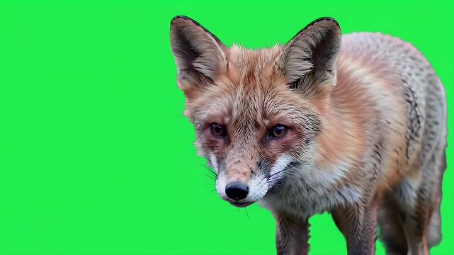 Intense Red Fox Portrait on Green Screen Background with Copy Space, Perfect for Compositing and Wildlife Projects