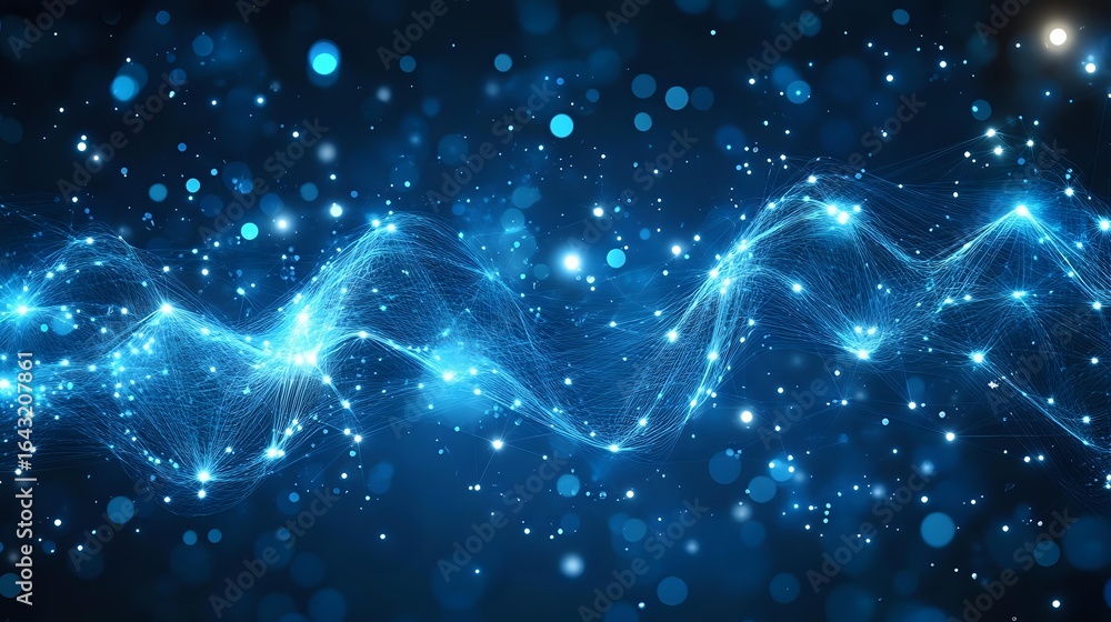 Poster glowing blue wave of energy and light particles flowing through dark space with sparkling stars and 