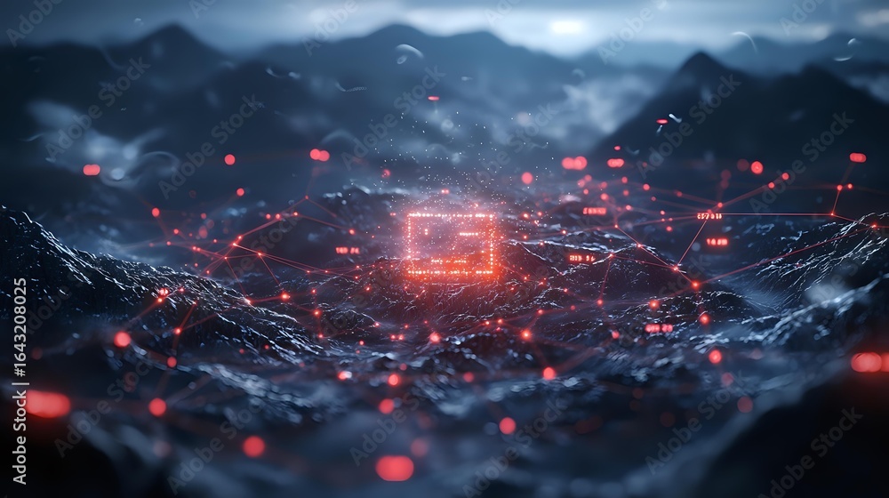 Poster Glowing red digital network nodes scattered across dark mountainous landscape with central illuminated connection point, representing global data transmission.
